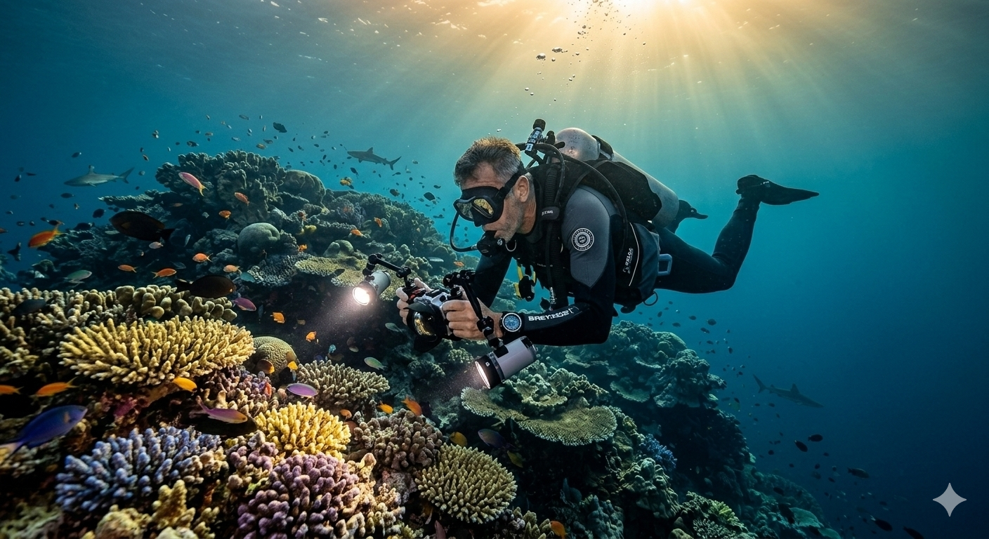 A scuba diver completely submerged exploring a vibrant coral reef, underwater photography, cinematic lighting (no woman image)